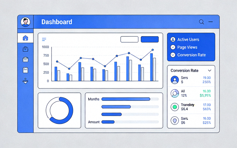 Ilustrasi antarmuka dashboard platform online modern dengan elemen grafik